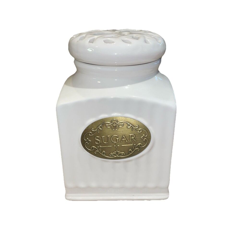 THL Vintage White Ceramic SUGAR Canister Jar Farmhouse French Country Kitchen